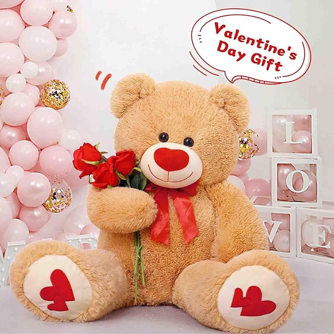 MorisMos Love Heart Giant Teddy Bear, 36 Inch Big Love Bears with Bow Tie, Large Valentines Stuffed Animals for Girlfriend, Boyfriend, Brown