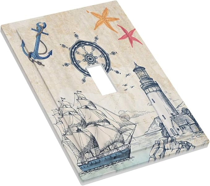 Nautical Sailboat Beach Anchor Pirate Beacon Ocean 1 Gang Light Switch Covers Decorative Single Toggle Wall Plate Switchcover Electrical Switchplate for Farmhouse Bathroom Bedroom Decor