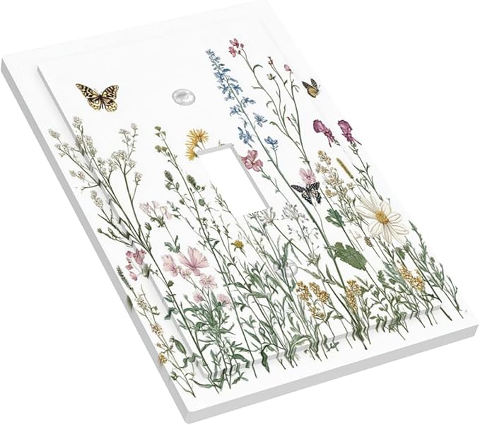 Decorative Light Switch Cover Rustic Wildflowers Butterfly Colorful Floral 1 Gang Single Toggle Device Electrical Faceplate Switchplates Decorator Outlet Wall Plate For Bed Room Home
