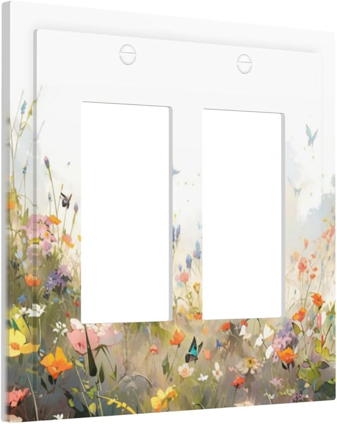 Wildflowers Watercolor Floral Colorful Butterfly Decorative Outlet Covers 2 Gang Double GFCI Rocker Electrical Wall Panels Light Switch Cover Plate for Farmhouse Bed Room Decor