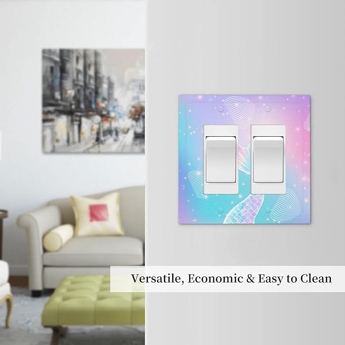 Mermaid Double Rocker Light Switch Cover Rainbow Tail Scales Jelly Fish 2 Gang Outlet Covers Switchplates Decorative Electrical Wall Plate for Nursery Girls Boys Room Kids Room
