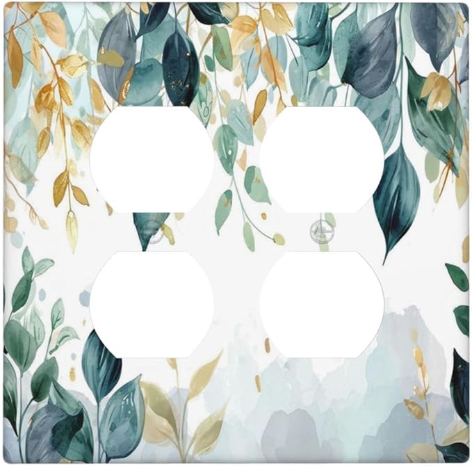 Boho Goldgreen Leaf Botanical Eucalyptus Leaves Outlet Covers 2 Gang Double Duplex Decorative Light Switch Covers Electrical Wallplates Socket Faceplate for Bedroom Living Room Decor