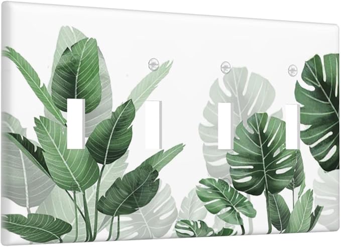 Light Switch Covers Boho Tropical Plant Natural Palm Leaf Quad Toggle Electrical Faceplate 4 Gang Wall Plate Decorative Switch Plates For Bed Room Living Room Decor