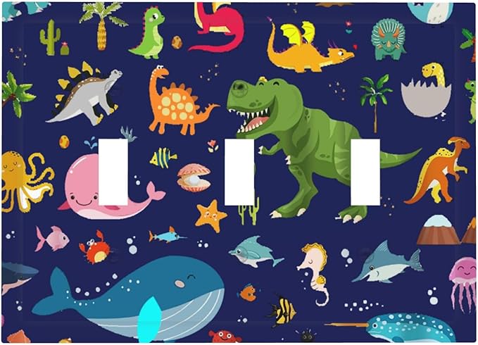 Cartoon Funny Cool Blue/Green Dinosaur 3 Gang Toggle Light Switch Cover, Ocean Dolphin Whale Fish Boy Kid Decorative Three Device Triple Toggle Switch Face Wall Plate Electrical Decorator Outlet Cover