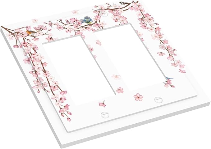Pink Cherry Blossom Flower Vine Floral Tree Branch Birds Decorative Outlet Covers 2 Gang Double GFCI Rocker Electrical Wall Panels Light Switch Cover Plate for Bedroom Living Room Decor