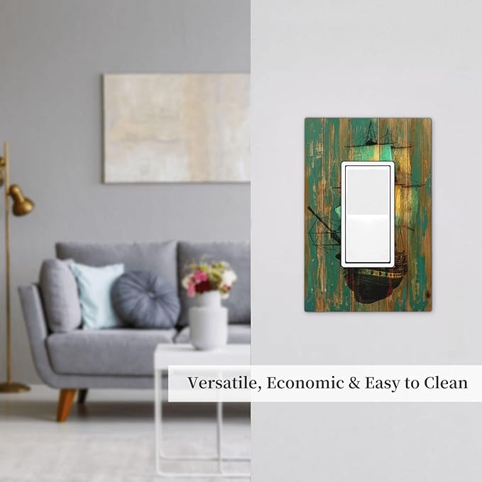 Decorative Outlet Covers Rustic Green Wood Grain Sailboat 1 Gang Single Rocker Light Switch Cover Plate Wall Plates GFCI Faceplate for Farmhouse Bedroom Decor