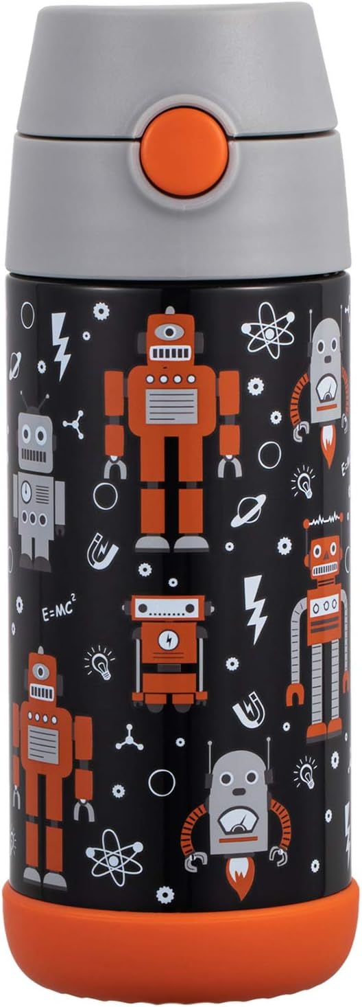 Snug Insulated Kids Water Bottle with Straw & Spout – Double-Wall Stainless Steel, Leakproof, Easy-Flip Lid – For School, Travel, Toddlers & Big Kids - Robots, 12oz