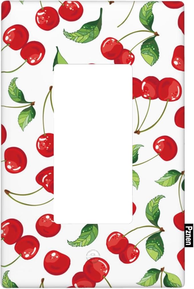 Red Cherries Single Rocker Light Switch Cover, Red Cherries Green Leaves 1-Gang Decorator Wall Plate 4.5 x 2.76 Inch for Kitchen Home Decor
