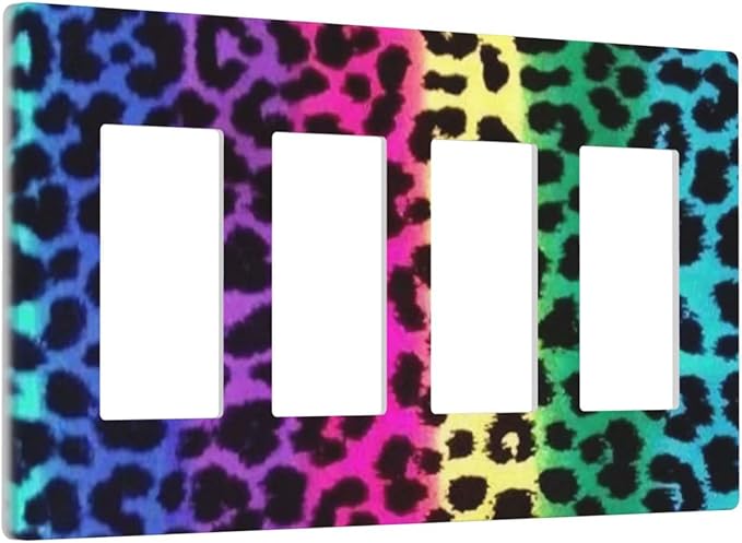 Rainbow Leopard 4 Gang Quad Rocker/GFCI Light Switch Wall Plate Cover Plate Decorative Electrical Faceplate for Colourful Leopard Bathroom Room Decorate Jumbo Size Screwless 8.3" x 4.6