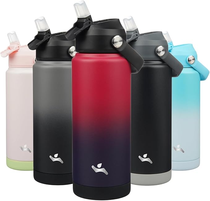 Konokyo Insulated Water Bottle with Straw Lid,24 oz Stainless Steel Vacuum Metal Bottle with Silicone Handle,Rosy Red