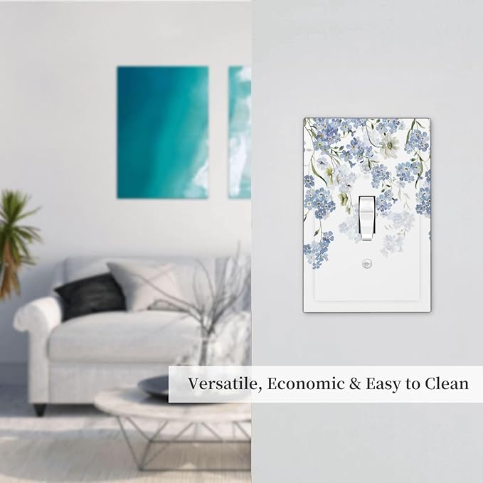 Hydrangea Blue Flowers Watercolor Floral Decorative Light Switch Cover 1 Gang Single Toggle Device Electrical Faceplate Switchplates Decorator Outlet Wall Plate for Bed Room Living Room Decor