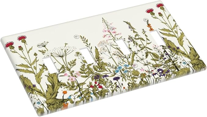 Country Vintage Wild Flowers Boho Floral 4 Gang Quadruple Toggle Light Switch Plate and Outlet Covers, Colorful Wildflower Border Botany Quad Device Toggle Decorative Electrical Socket Face Wall Plate