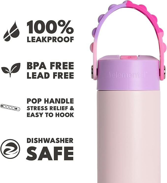Elemental Insulated Kids Water Bottle, Stainless Steel Water Bottle with Straw Lid & Pop-It Handle, Leak-Proof Water Bottles for School, Boys or Girls, Travelling and Sports, 18oz - Pink Tie Dye