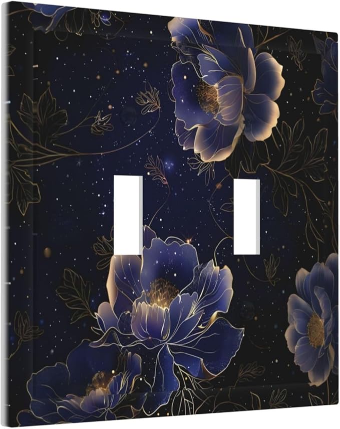 Navy Blue Floral Vintage Flower Dark Watercolor Decorative Switch Plates 2 Gang Double Toggle Outlet Light Switch Cover Wall Plate Electrical Faceplate for Bedroom Living Room Decor