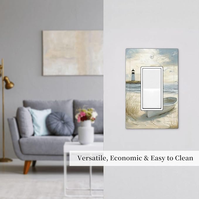 Sea Beach Single Light Switch Cover Plate Old Ship Reed Lighthouse Seascape 1 Gang Rocker Outlet Covers Switchplate Decorative Electrical GFCI Wallplate for Bedroom Kitchen Living Room Decor