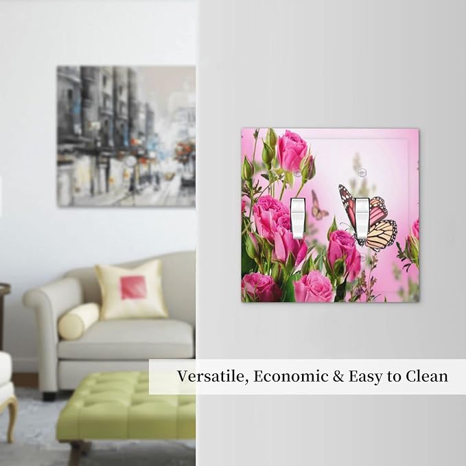 Floral Pink Roses Butterfly Flowers Bouquet Blossom Love Romance Petal 2 Gang Double Toggle Light Switch Cover Decorative Wall Plate Faceplate Butterfly Floral Girls Bathroom Home Living Room Decor
