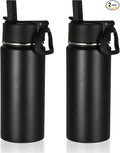 Volhoply 16 OZ Kids Water Bottle Bulk 2 Pack,Insulated Sports Bottles with Straw Lid,Stainless Steel Bottle with Handle Keep Cold & Hot,Double Wall Vacuum Tumbler Cups for School,Girls(Black, 2)