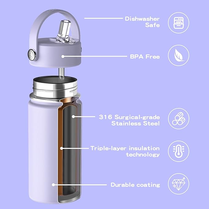 OISIZ Kids Water Bottle with Straw Lid 10oz, Vacuum Insulated 316 Stainless Steel Water Bottles for Kids for School, Leakproof Water Bottle, BPA Free and Keep Cold for 24 Hours