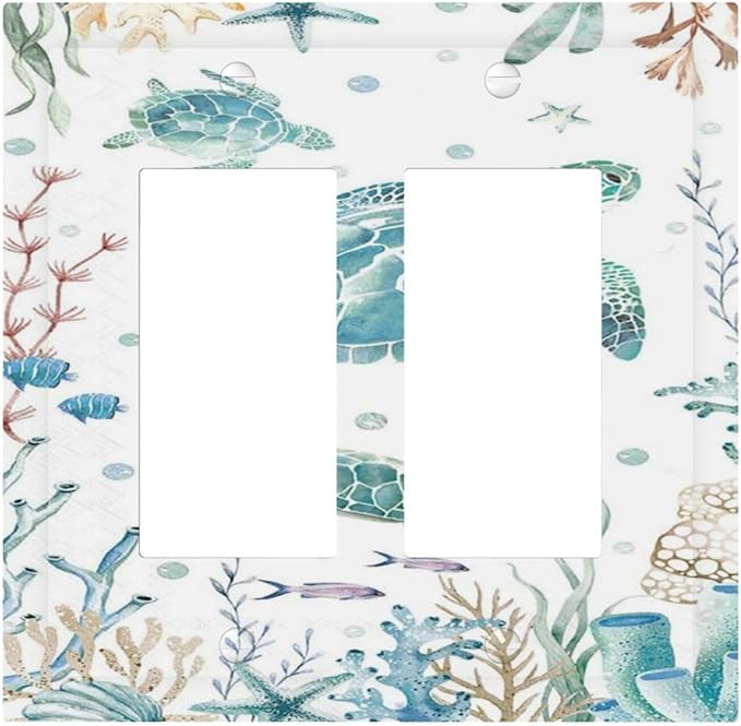 Sea Turtle Ocean Starfish Fish Coral Pearl Decorative Outlet Covers 2 Gang Double GFCI Rocker Electrical Wall Panels Light Switch Cover Plate for Bathroom Kids Room Decor