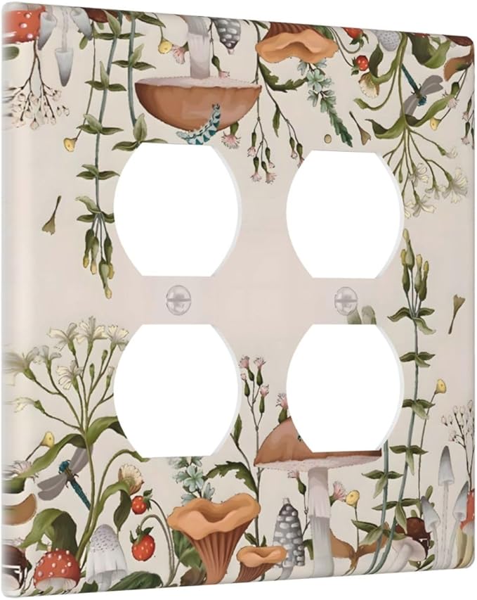 Boho Mushroom Forest Plants Wildflowers Insects Outlet Covers 2 Gang Double Duplex Decorative Light Switch Covers Electrical Wallplates Socket Faceplate for Kids Room Home Decor