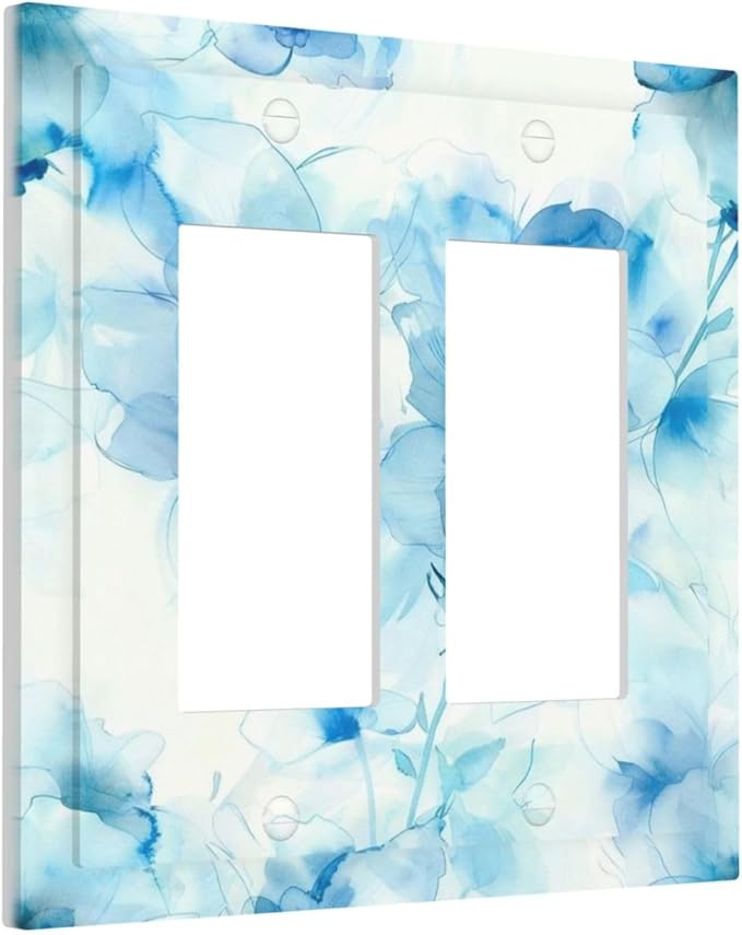 Watercolor Flower Blue White Large Floral Leaf Plants Decorative Outlet Covers 2 Gang Double GFCI Rocker Electrical Wall Panels Light Switch Cover Plate for Bedroom Living Room Decor