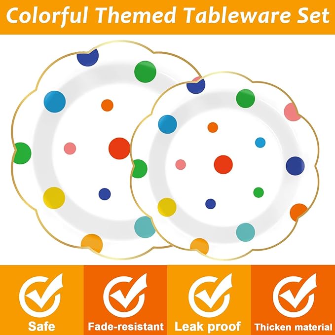 96 Pcs Colorful Birthday Plates and Napkins Colorful Polka Dots Party Supplies Rainbow Dots Tableware Table Decorations Confetti Plates Napkins Rainbow Party Favor for Baby Shower Wedding 24 Guests