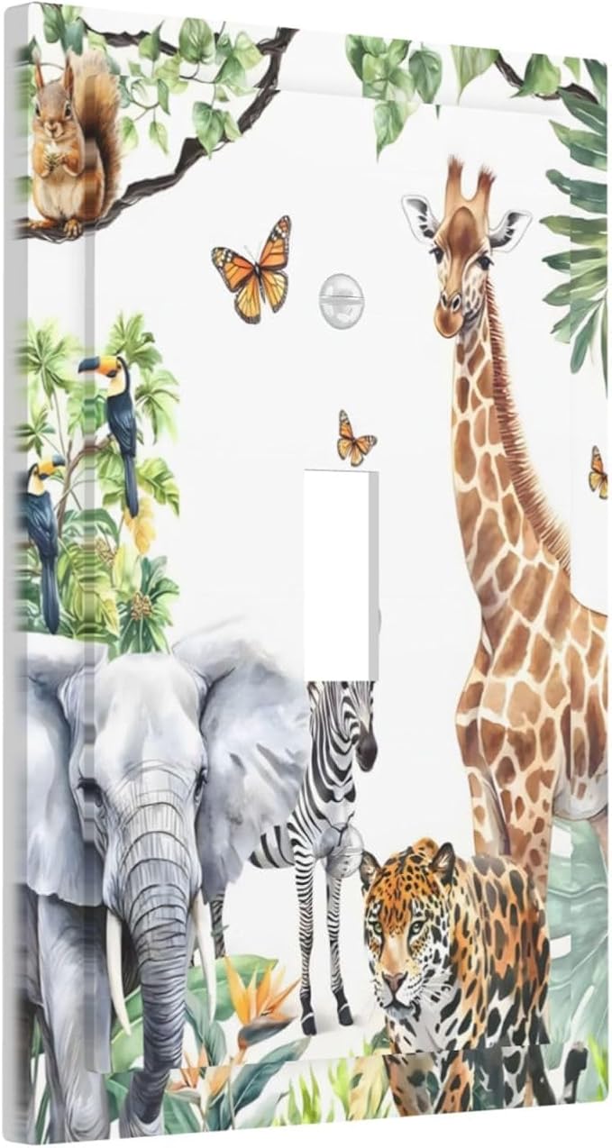 Elephant Giraffe Jungle Animals Leopard Zoo Decorative Light Switch Cover 1 Gang Single Toggle Device Electrical Faceplate Switchplates Decorator Outlet Wall Plate for Kids Room Nursery Decor