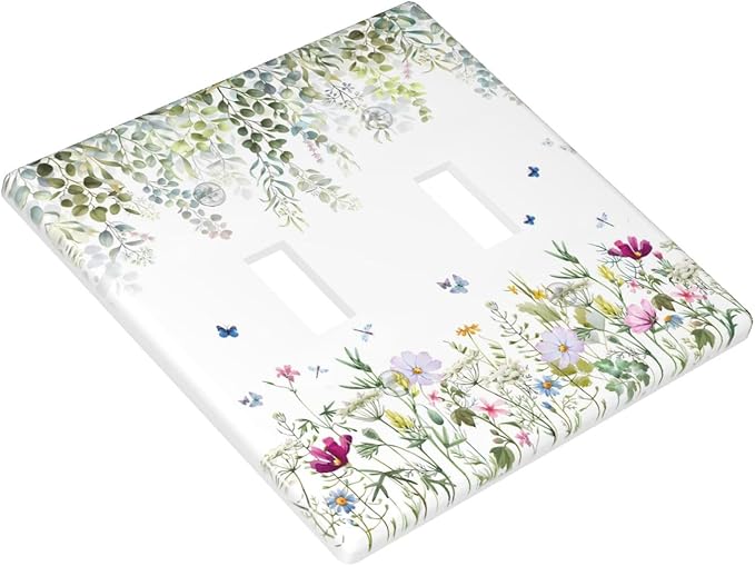 Green Floral Leaves Light Switch Cover Decorative Wild Flower 2 Gang Double Toggle Wall Plate Electrical Switchplate Faceplate for Bathroom Kitchen Bedroom