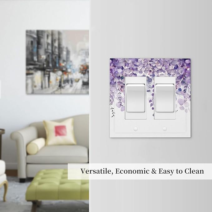 Purple Plants Leaves Eucalyptus Vine Floral Flowers Decorative Outlet Covers 2 Gang Double GFCI Rocker Electrical Wall Panels Light Switch Cover Plate for Bedroom Living Room Decor