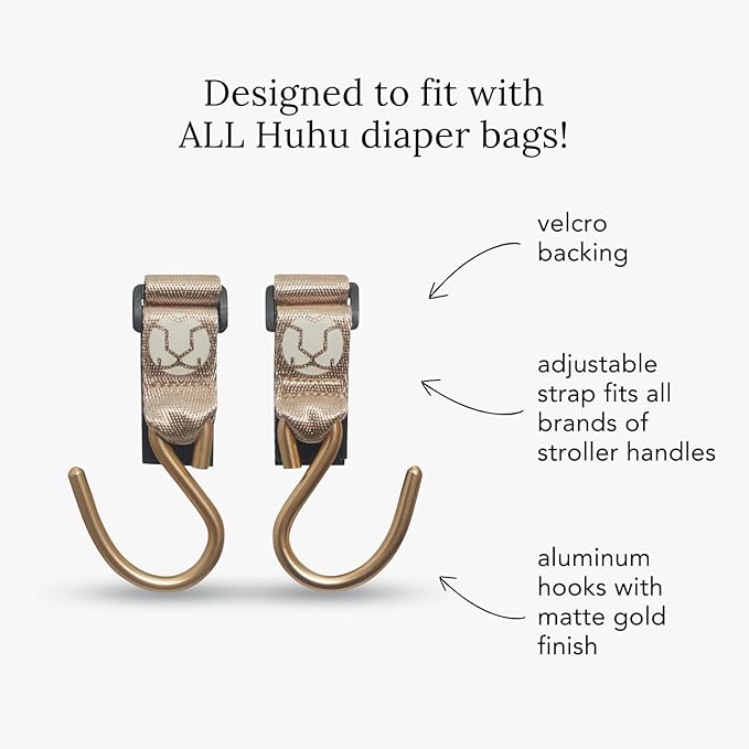 Huhu Essential Stroller Hooks - Lightweight Aluminum Stroller Bag Hook with Adjustable Straps, Matte Gold S-Hooks for Diaper Bag, Shopping, Everyday Essentials – Universal Fit Baby Stroller Accessory