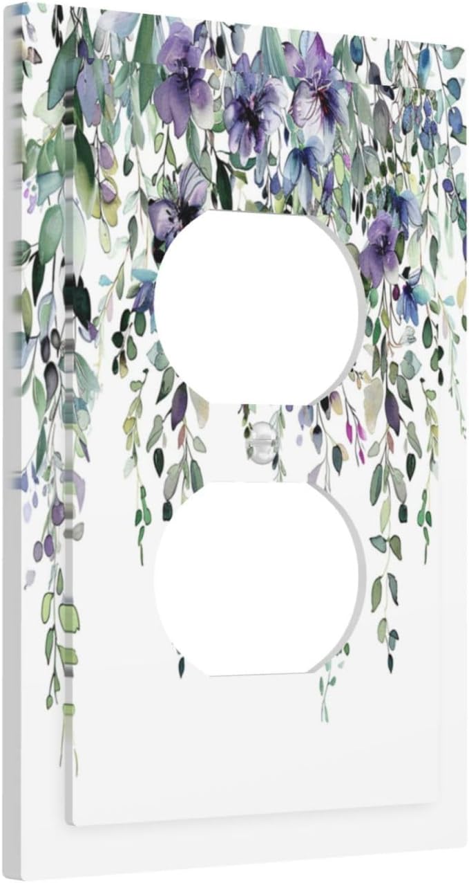 Decorative Outlet Covers Blue Purple Eucalyptus Leaves Boho Botanical 1 Gang Duplex Light Switch Cover Plate Electrical Switch plates WallPlates Socket Covers for Bathroom Home Decor