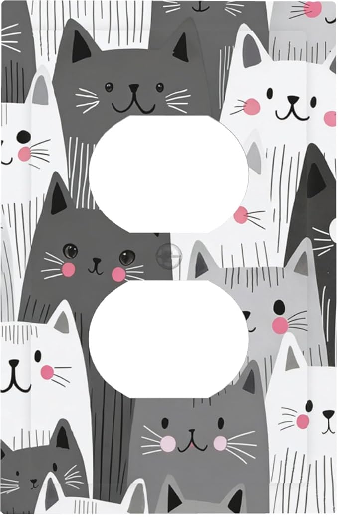 Playful Monochrome Cats with Blush Cheeks Duplex Wall Plate - 1-Gang Standard US Size Cat Lover's Fun Outlet Covers for Boys & Girls Room Decor