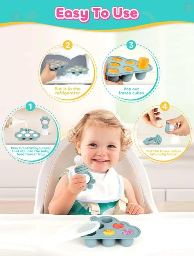 Baby Popsicle Molds & Food Feeder Set, Baby Fruit Feeder for Infant Teething Relief & Safe Infant Self Feeding 4 Months+ Starting Solids for Essentials (Green+Beige)