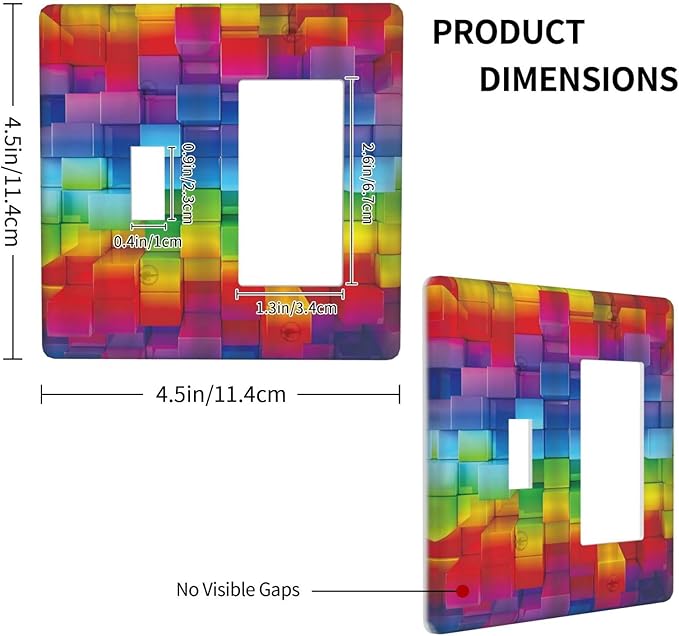 3D Colorful Rainbow Wall Abstract Squre Shaped 2 Gang Single Toggle Rocker Combination Light Switch Cover Unique Decorative Wall Plate Cover Electrical Faceplate Switchplate for Bedroom Decor