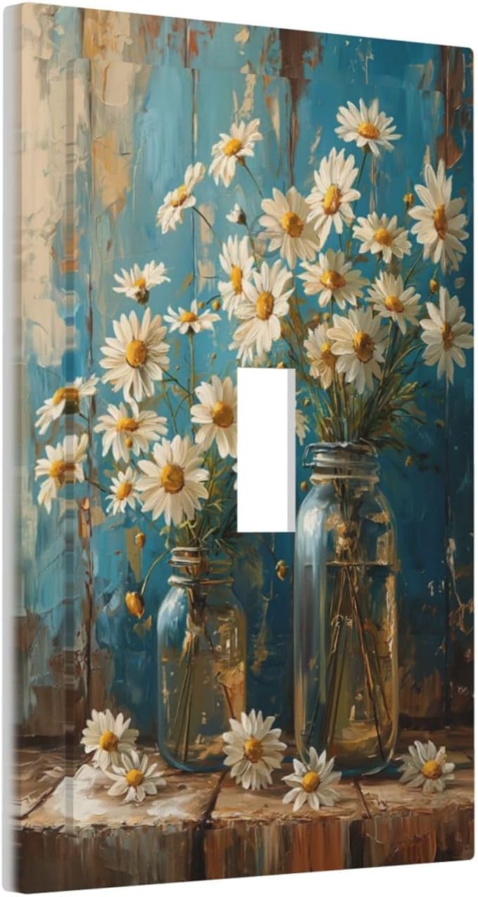 Delicate White Daisy Jars Retro Wood Background Decorative Light Switch Cover 1 Gang Single Toggle Device Electrical Faceplate Switchplates Decorator Outlet Wall Plate for Farmhouse Home Decor