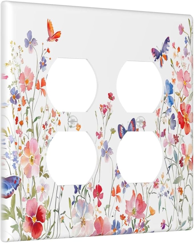 Colorful Flower Watercolor Floral Butterfly Bird Outlet Covers 2 Gang Double Duplex Decorative Light Switch Covers Electrical Wallplates Socket Faceplate for Bedroom Living Room Decor