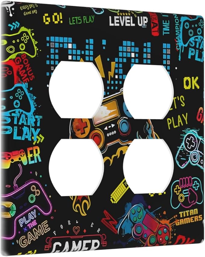 Gamer Video Game Themed Cool Controller Print Outlet Covers 2 Gang Double Duplex Decorative Light Switch Covers Electrical Wallplates Socket Faceplate for Kids Room Office Decor