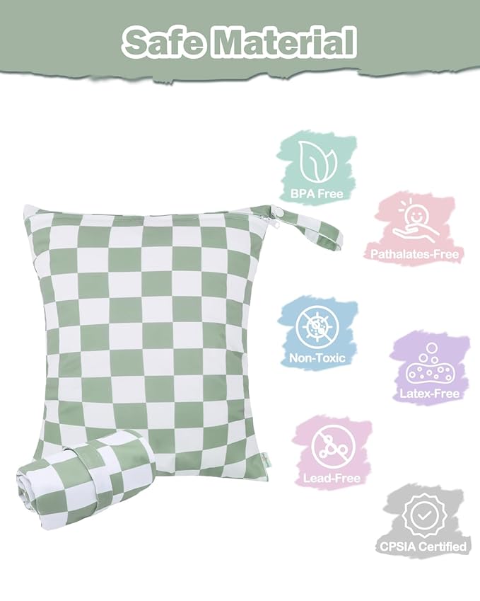 babygoal Waterproof Wet Dry Bag for Swimsuits,Travel, Food Storage, Stroller, Daycare, Baby Diapers, Yoga, Beach, Pool, Wet Clothes-Bean Green Lattice