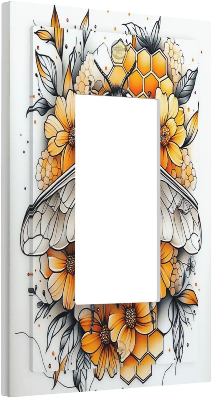 Decorative Outlet Covers Bee Honeycomb Flowers Plant Leaves 1 Gang Single Rocker Light Switch Cover Plate Wall Plates Gfci Faceplate For Nursery Kids Room Decor