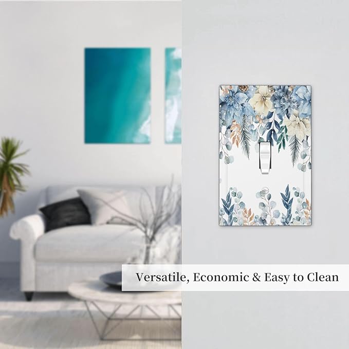 Blue Vine Snowflake Plants Leaves Floral Flowers Decorative Light Switch Cover 1 Gang Single Toggle Device Electrical Faceplate Switchplates Decorator Outlet Wall Plate for Bedroom Living Room Decor