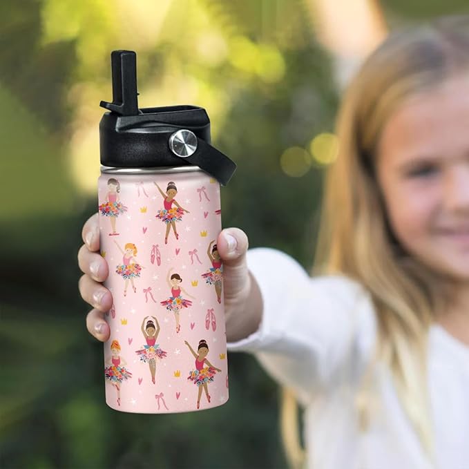 Kids Water Bottle Ballet Water Bottles 12oz with Straw Insulated Stainless Steel Travel School Tumbler Double Wall Vacuum Cup for Girls Kid