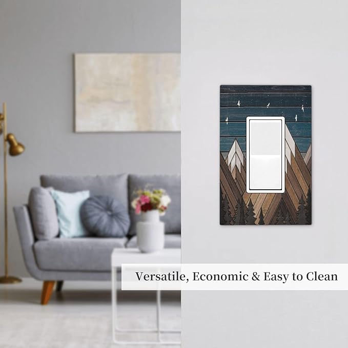 Rustic Geometric Mountain Wilderness Wood 1 Gang Light Switch Cover Single Rocker Decorative Receptacle Outlet Covers GFCI Electrical Faceplate Switchplate for Bedroom Bathroom Kitchen Art Decor