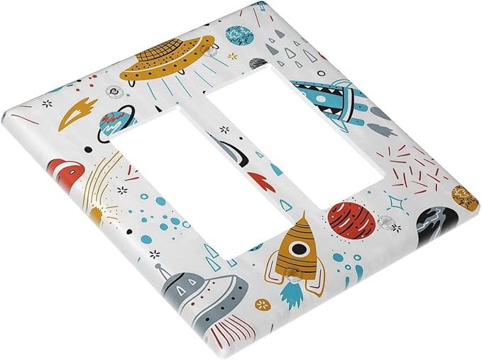 Cartoon Space Rocket Boys Universe Planet 2 Gang Rocker Decora Light Switch Covers Decorative Unique Dual Outlet Covers Wall Plate Electrical Faceplate Switchplate GFCI for Nursery Kidroom