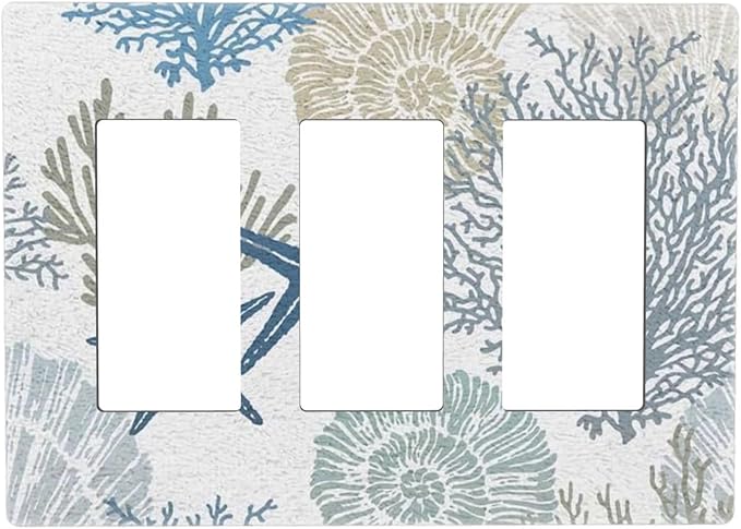 Blue Nautical Beach Coral Starfish 3 Gang Triple Rocker/Decorator Light Switch Wall Plate Cover Decorative GFCI Electrical Faceplate Switchplate Dimmer