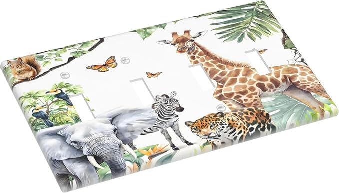 Elephant Giraffe Jungle Animals Leopard Zoo Light Switch Covers Quad Toggle Electrical Faceplate 4 Gang Wall Plate Decorative Switch Plates Cover for Kids Room Nursery Decor