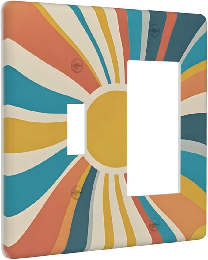 Decorative Toggle Switch Cover Plate with Retro Mid-Century Modern Sunburst Motif Design 2-Gang 1-Gang Standard Wall Plate Light Switch Cover for Abstract Teal/Yellow/Orange Wall Decor