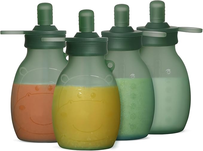 haakaa Silicone Hippo Pouch –9oz/260ml Reusable Pouches for Toddlers, Reusable Baby Food Pouches with Wide Neck for Easy Fill & Clean, Perfect for Purees & Smoothies, 4 Pack, (Pea Green)