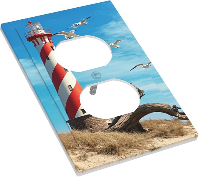 Lighthouse Coastal Scene Duplex Wall Plate - 1-Gang Standard US Size Nautical Coastal Beacon Outlet Covers for Living Room Bathroom Decor