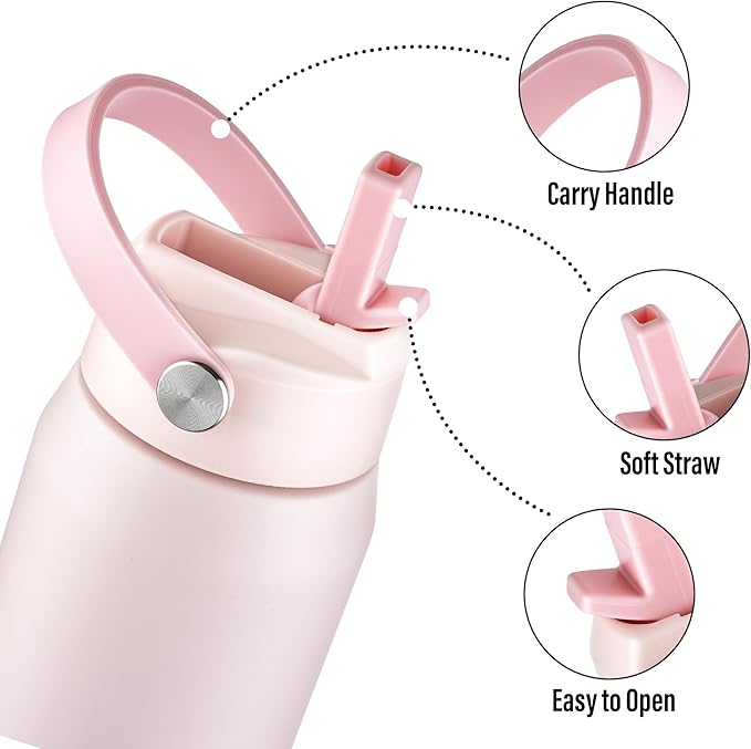 Oldley 32oz Insulated Water Bottle with Straw, Stainless Steel Water Bottle for Sports, Travel, School, BPA-Free Sports Bottles for Adult Kids, Leak-Proof, Pink
