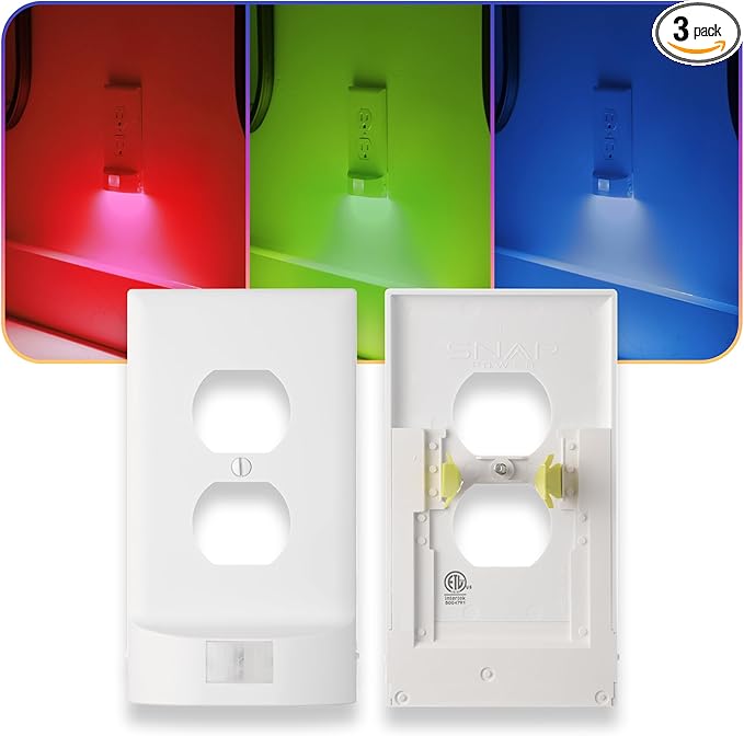 3 Pack - SnapPower Multi-Color GuideLight – Outlet Cover RGB Lights, Customizable Ambient Lighting/Mood Lighting for Home, Kitchen, Gaming Room, Kids Bedroom, Nursery, Holiday Decor (White, Duplex)